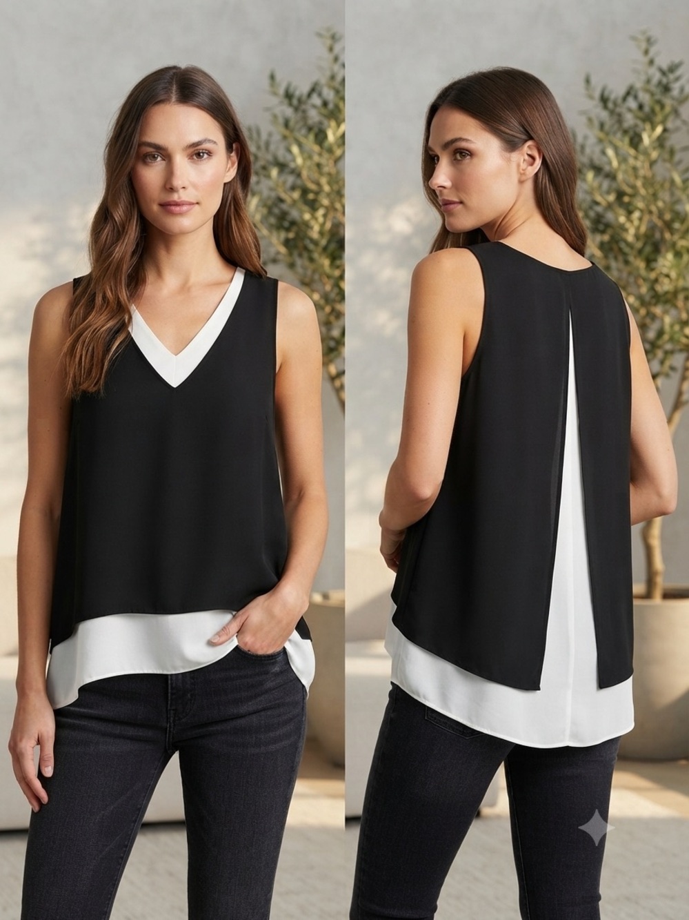 Fifteen Twenty Black and White Sleeveless Layered V-Neck Top